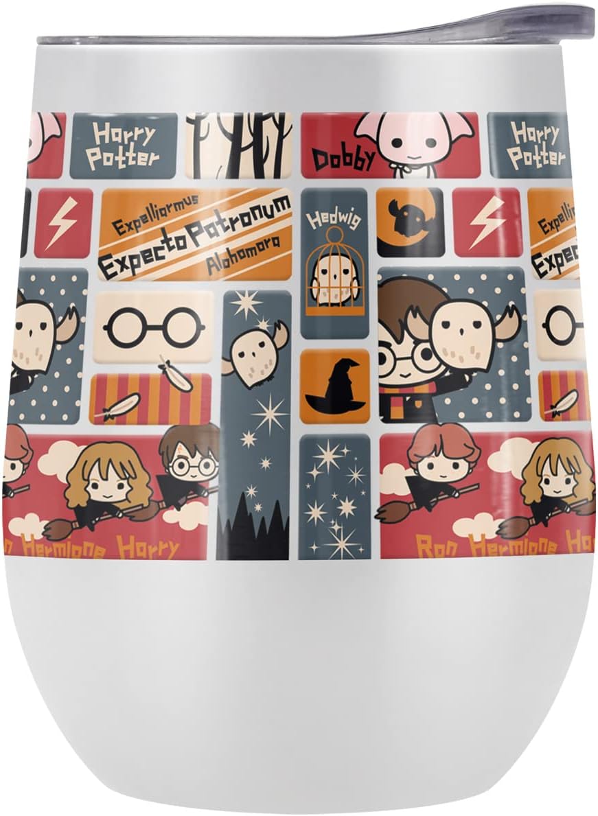 Harry Potter OFFICIAL Cute Chibi Pattern 12 oz Stemless Tumbler, Stainless Steel Travel Cup|Lake Tumbler|Insulated with Leak Resistant Slide-Lock Lid, White