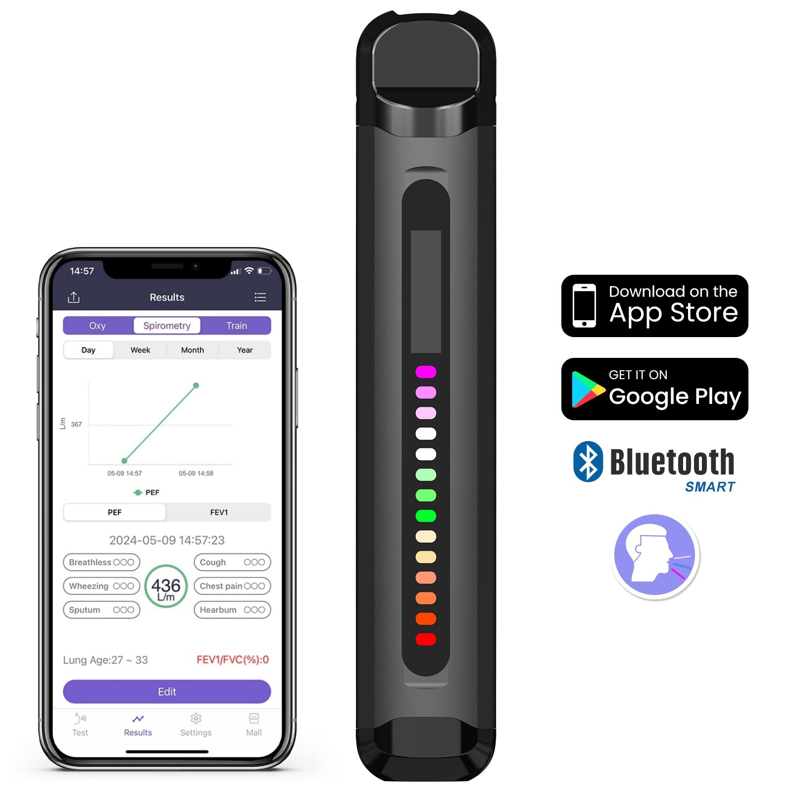 FEELLIFE Appareil d'exercice Respiratoire, Appareil d'exercice Pulmonaire, appareil de test de la fonction pulmonaire, compteur de volume pulmonaire numérique LCD Air Fit 1