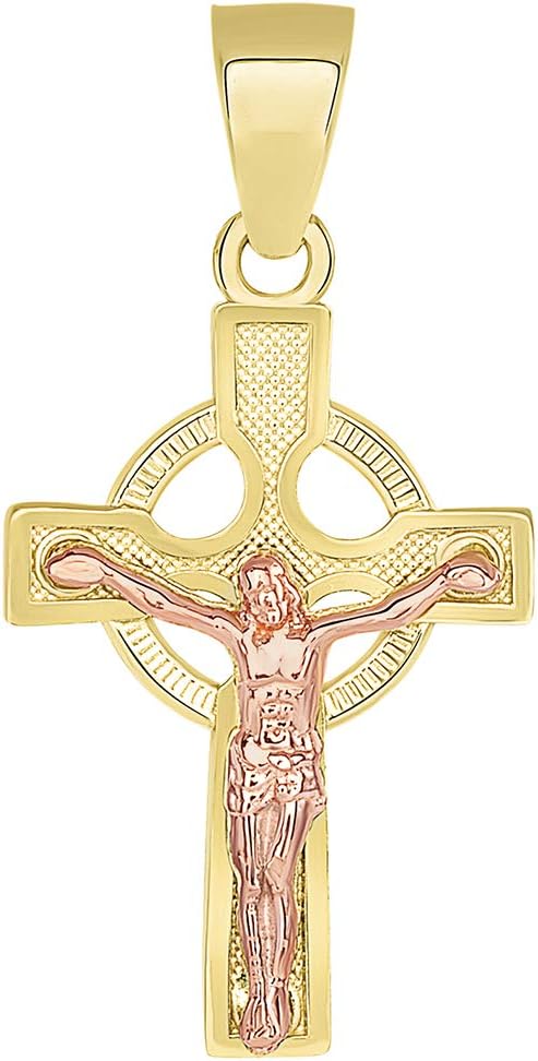 14k Yellow Gold and Rose Gold Celtic Cross Crucifix Pendant Necklace - Image 2