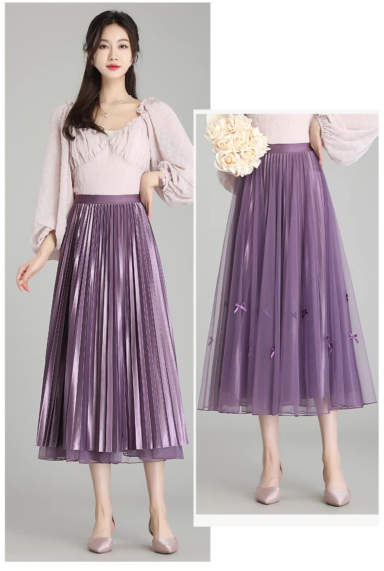 SePkus Falda Larga de Tul para Mujer, Falda Plisada Retro de Malla, Falda Midi elástica de Cintura Alta (Negro, Talla única)