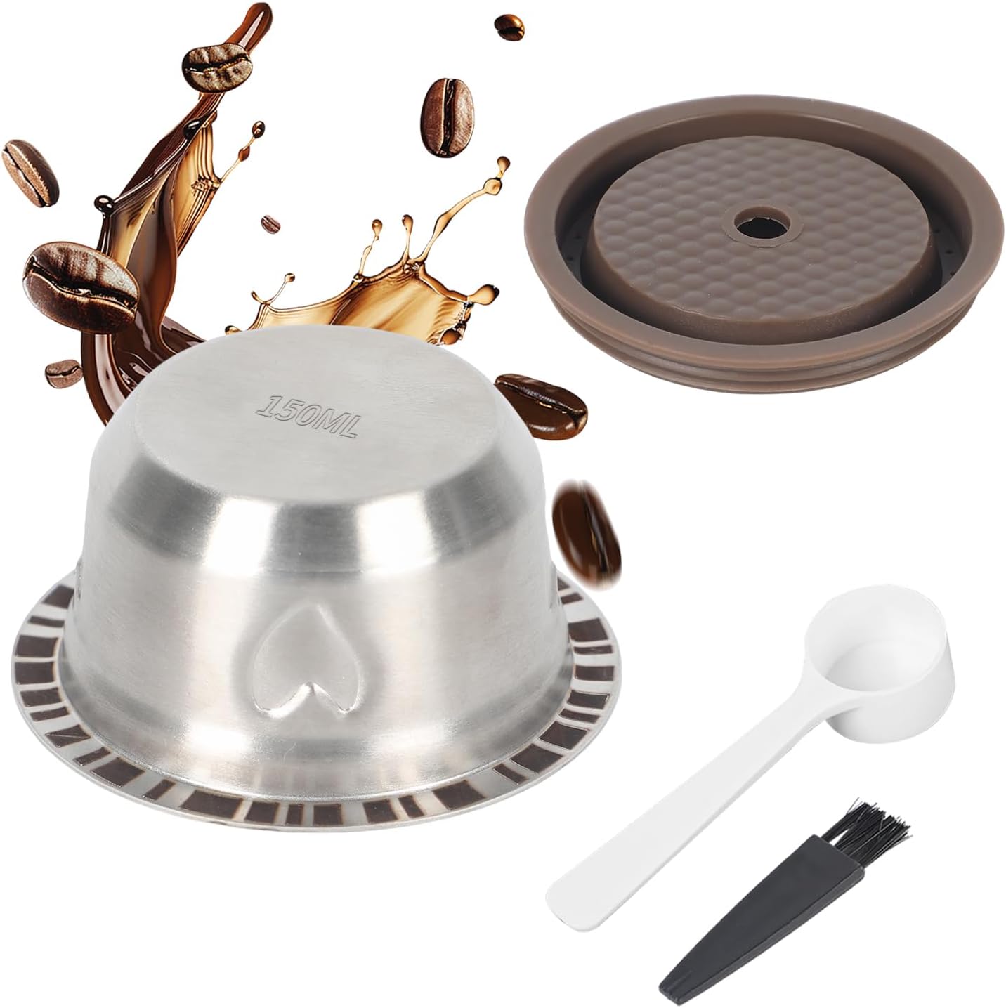 Reusable Coffee Pods for Nespresso Ver-Tuo Stainless Steel Heart Engraving Refillable Coffee Capsule with Silicone Lid,Spoon and Brush Coffee Accessories 80/150/230ml (150ml)