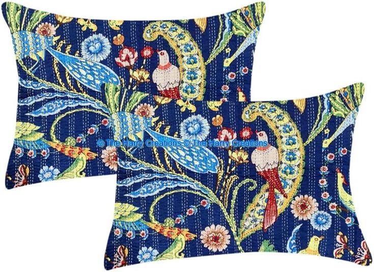 100% Cotton Ethnic Kantha Bird Bohemian Throw Bedspread Decor Peacock Printed Handmade Coverlet Blanket Quilt (Blue, California King 108"x108" with Sham Covers)