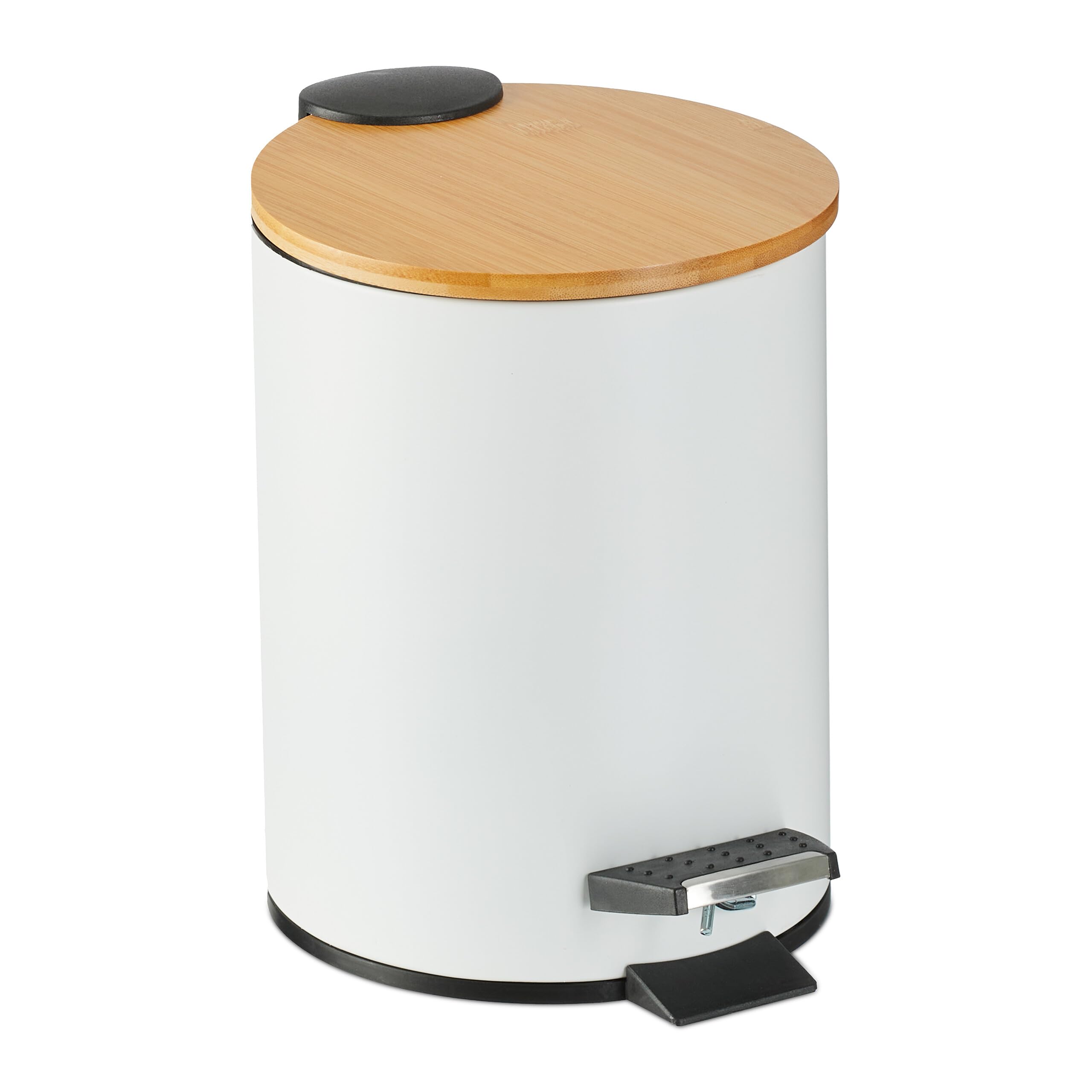 Relaxdays Kosmetikeimer Bad, 3 L, Absenkautomatik, Bambusdeckel, entnehmbarer Inneneimer, weiß