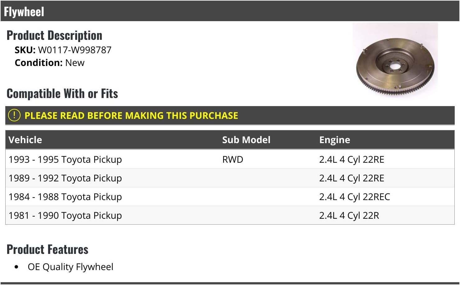 Marketplace Auto Parts - Flywheel - Compatible with 1981-1995 Toyota Pickup RWD 2.4L 4-Cylinder