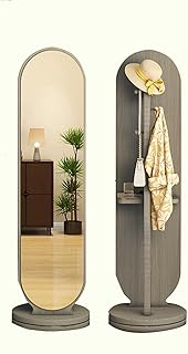 Mirror Coat Rack Full Length Mirror with Coat Rack 360° Rotating Floor Mirror Full Body Wood Mirror with Shelf Stylish for Bedroom Living Room Dressing Room (Grey)