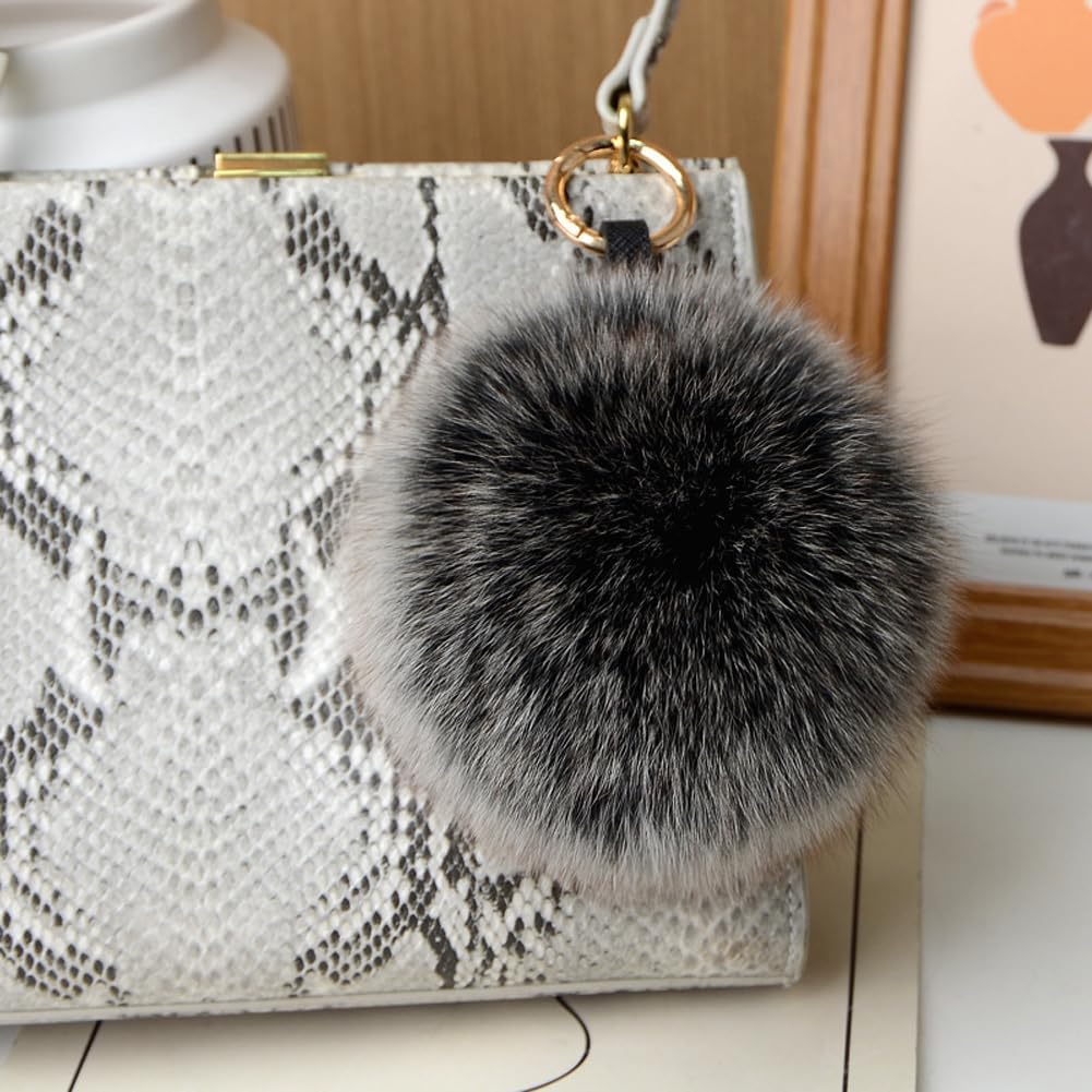 Queenbox 5.5in Faux Fur Ball Pom Poms Keychain, Soft Fluffy Ball Pompom Keyring for Car Key Handbag Purse Pendant, Red Coffee