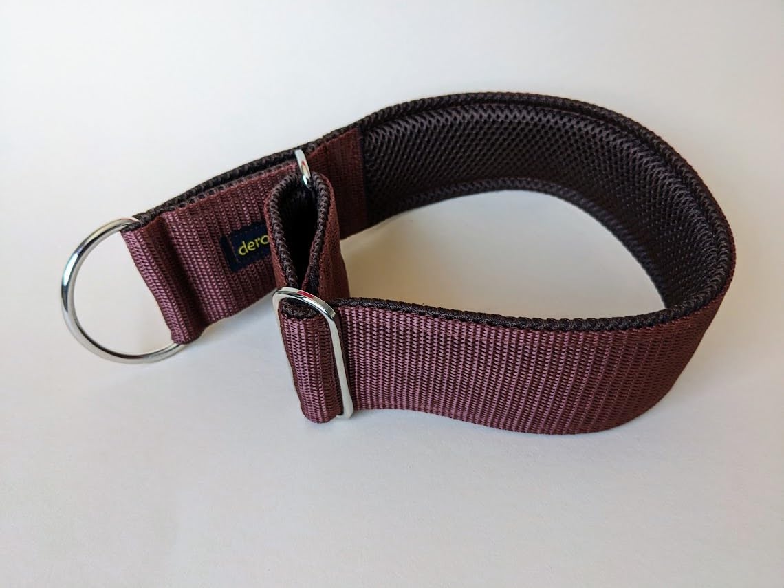 Bequemes Hundehalsband, weiche Polsterung breit 5cm, Zugstopp verstellbar, sicheres Martingale, Stoffhalsband sanft & leicht, braun (Messing, bis 38cm Hals- 44cm Kopfumfang)