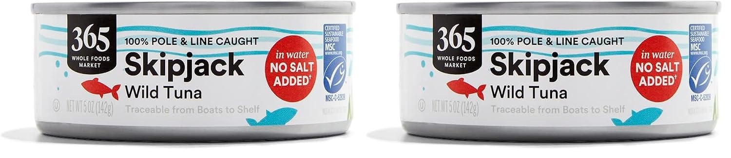 365 by Whole Foods Market, Unsalted Skipjack Tuna in Water, 5 Ounce (Pack of 2)