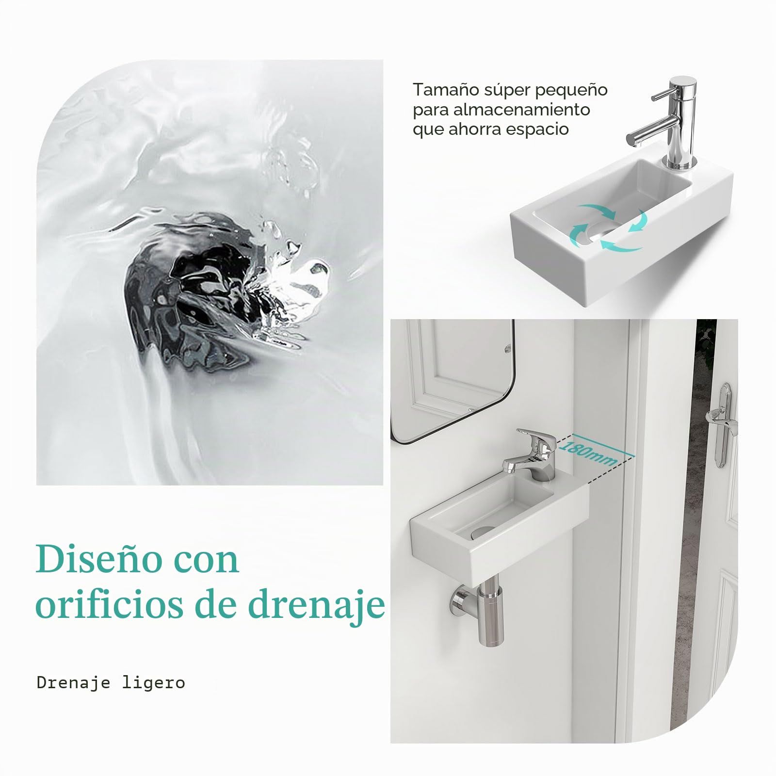 EMKE lavabo – Mini colgante para baño y aseo de invitados – 40 × 20 × 10 cm – Cerámica de – Agujero rectangular para grifo derecho – Blanco