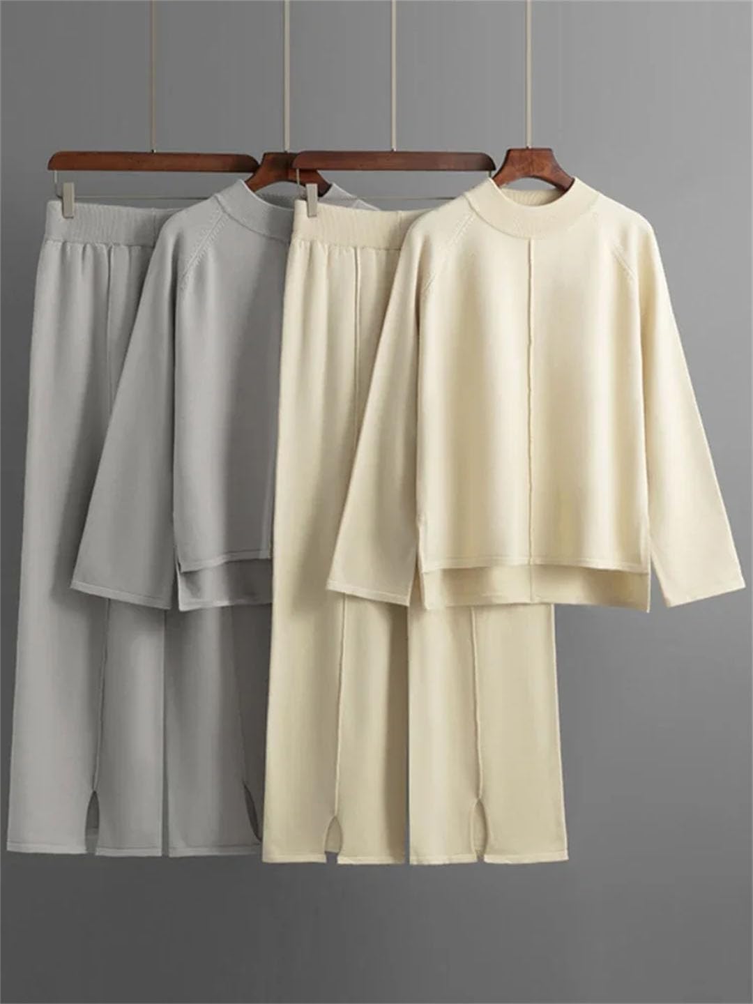 Ensemble de 2 pièces pour femme - Survêtement tricoté - Col rond - Pantalon à jambes larges - Ensemble deux pièces