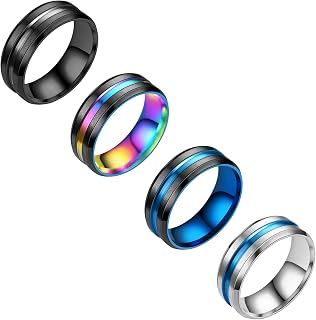 4PCS Plain Band Rings for Men - Stainless Steel Wedding Totem Set - Silver Vintage Anxiety Fidget Rings - Size 7-12