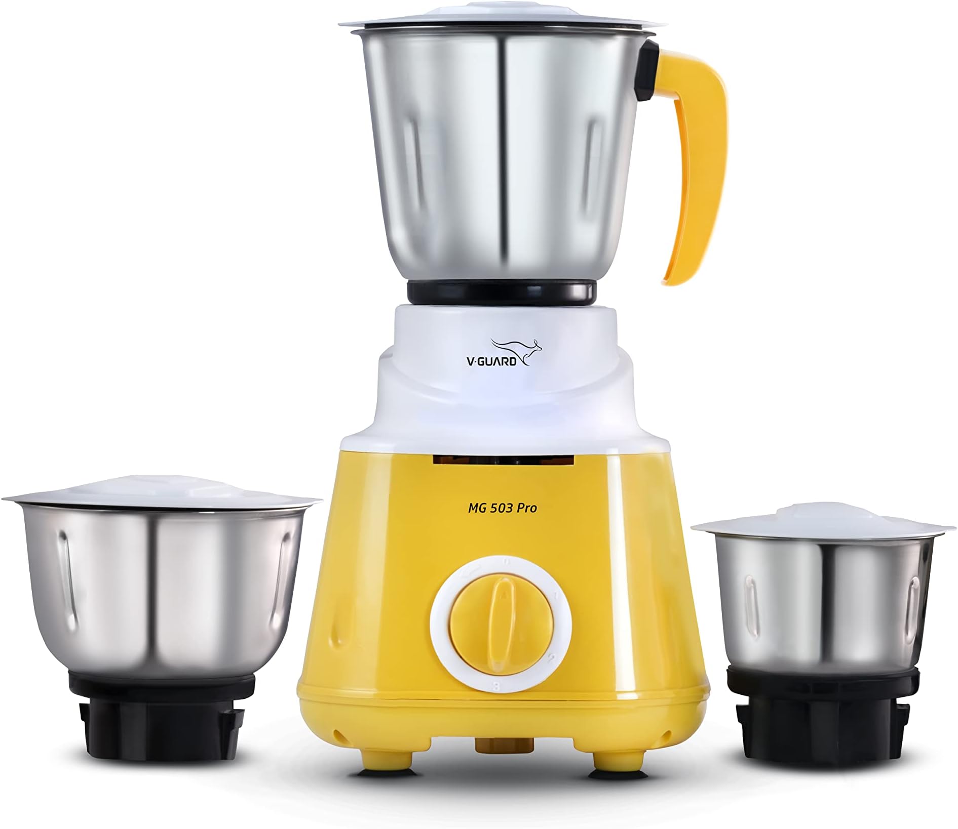 V-Guard MG 503 Pro Yellow-White Colour 500 Watt Mixer Grinder with 3 Stainless Steel Jars (1 Wet Jar, 1 Dry Jar, and 1 Chutney Jar) | 1 Year Product Warranty | 1 Year Motor Warranty
