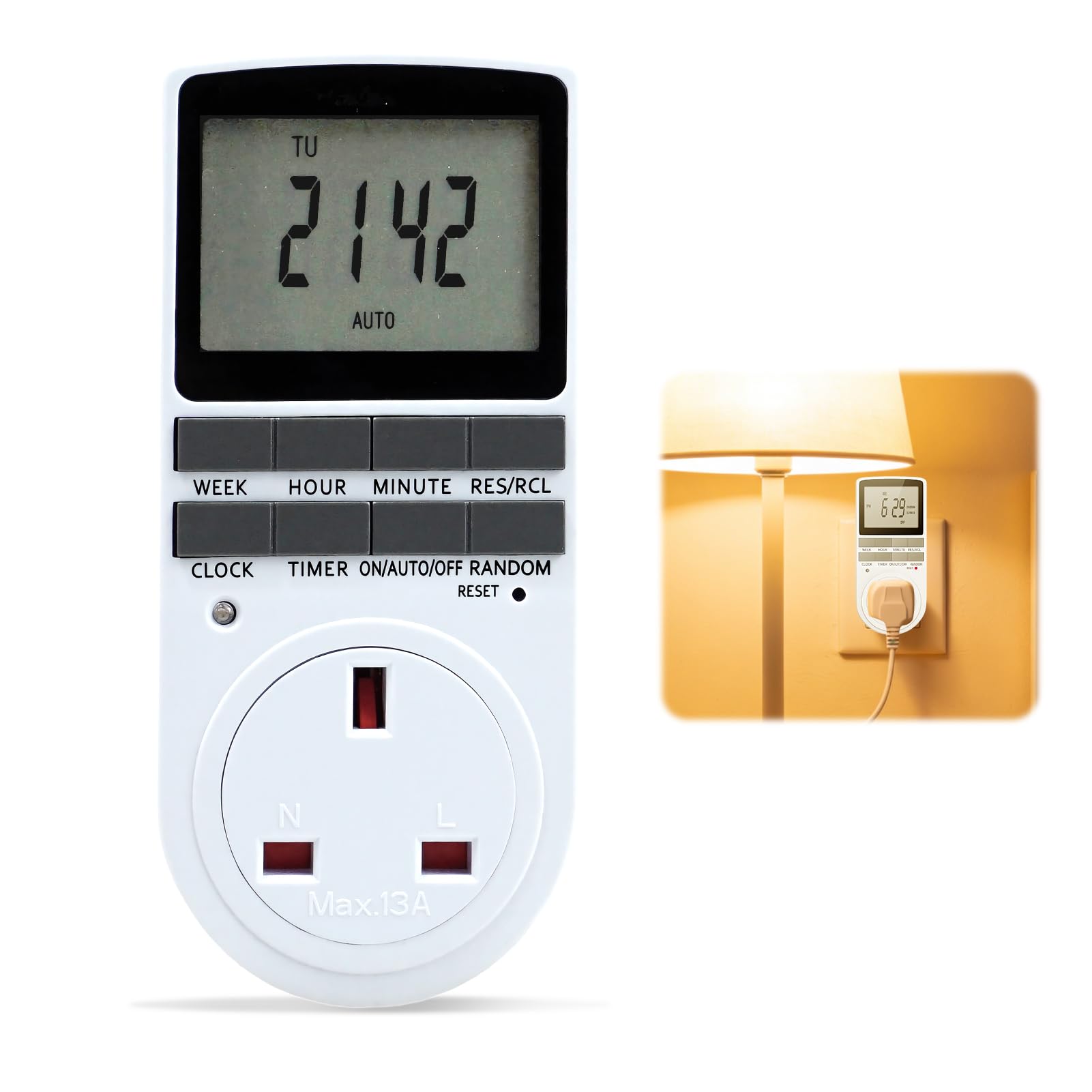 Digital Timer Socket UK with LCD Display, 16-Programme Scheduling Switch, Energy-Saving Plug-In Control with Adjustable Plug Settings for Home Lights, Heating, Appliances and Daily Automation Tasks