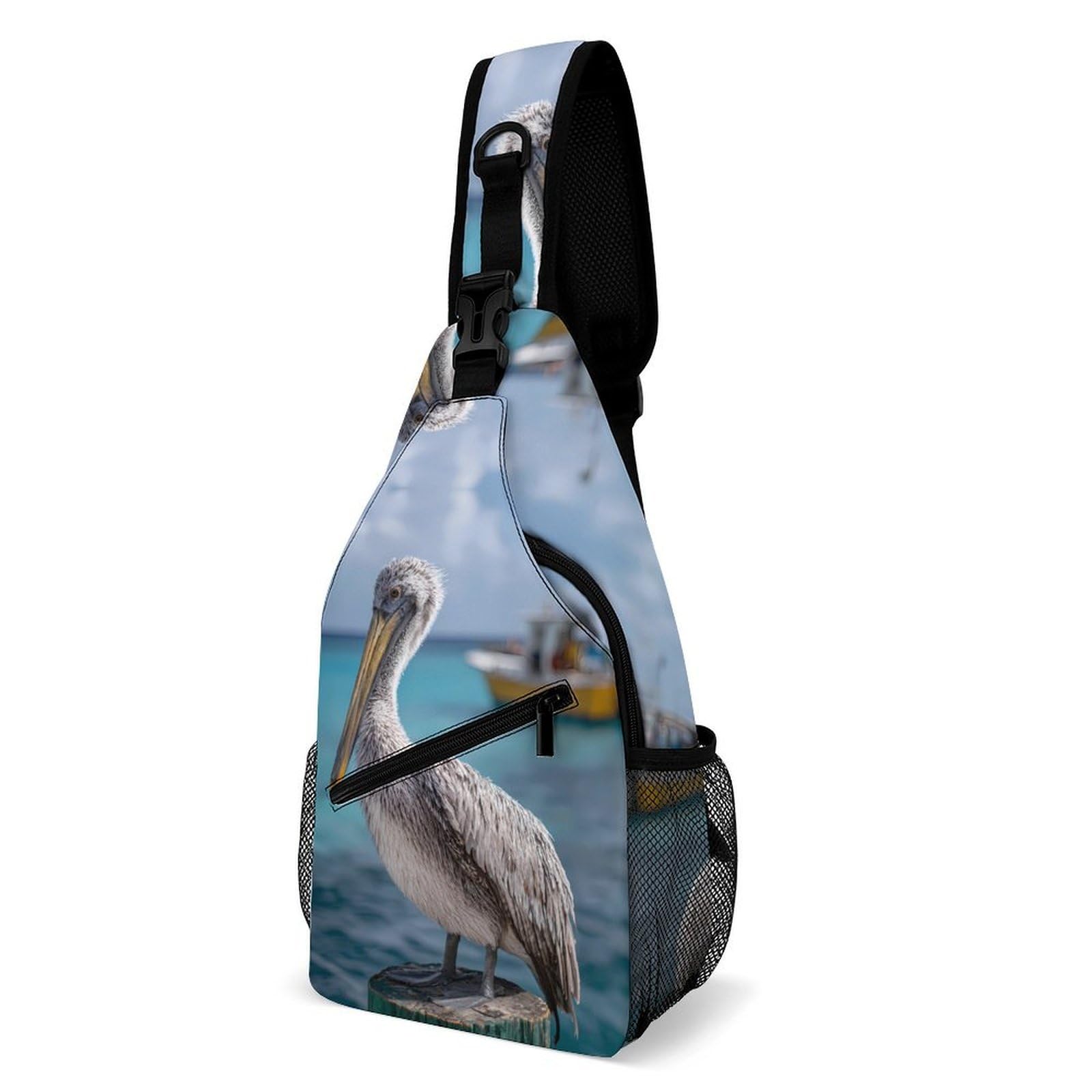 Pelican And Boat Novelty Crossbody Shoulder Bag Hiking Daypack Sling Chest Bags Travel Portable