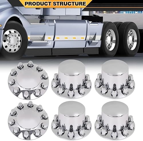 Miniatura 4 de Cubierta de cubo Kit de rueda de semircamión Cubierta de eje Cromo 1.299 in Lug Delantero y Trasero Compatible con semi-camiones con ruedas