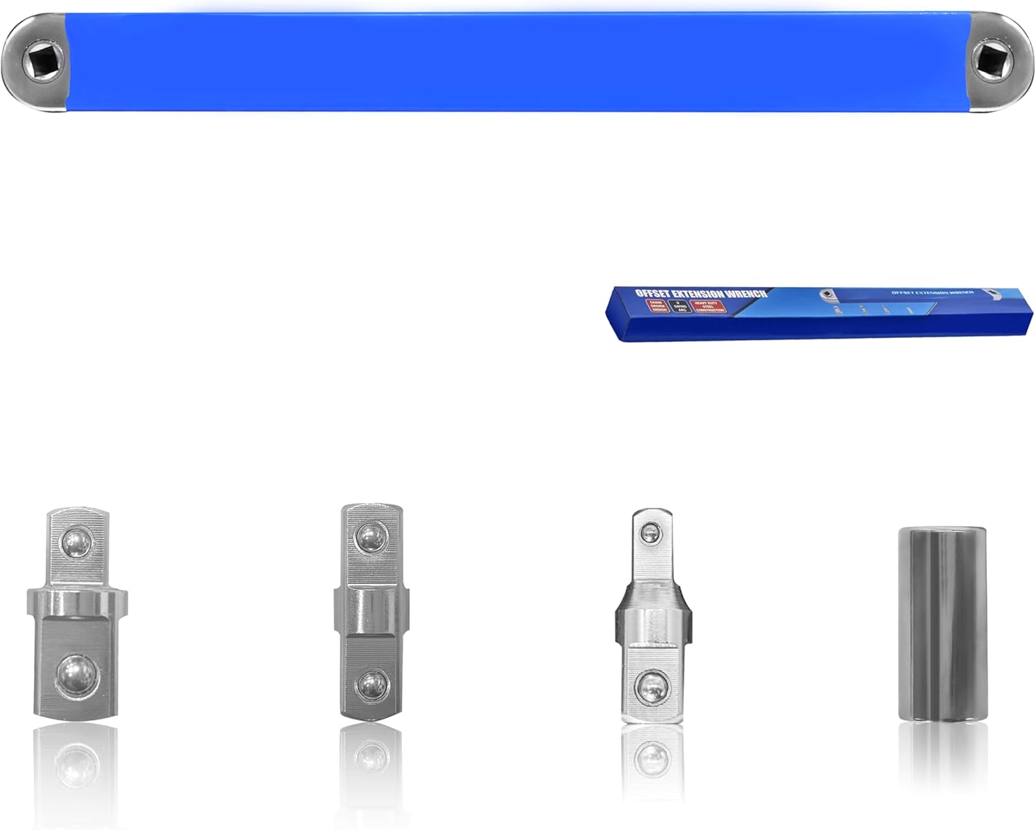 Impact Ready Offset Extension Wrench Set - Includes 1/4", 3/8", 1/2" Adapters & 1/4" Socket - Ideal for Tight Spaces, Cramped Areas & Hard-to-Reach Fasteners (Blue)