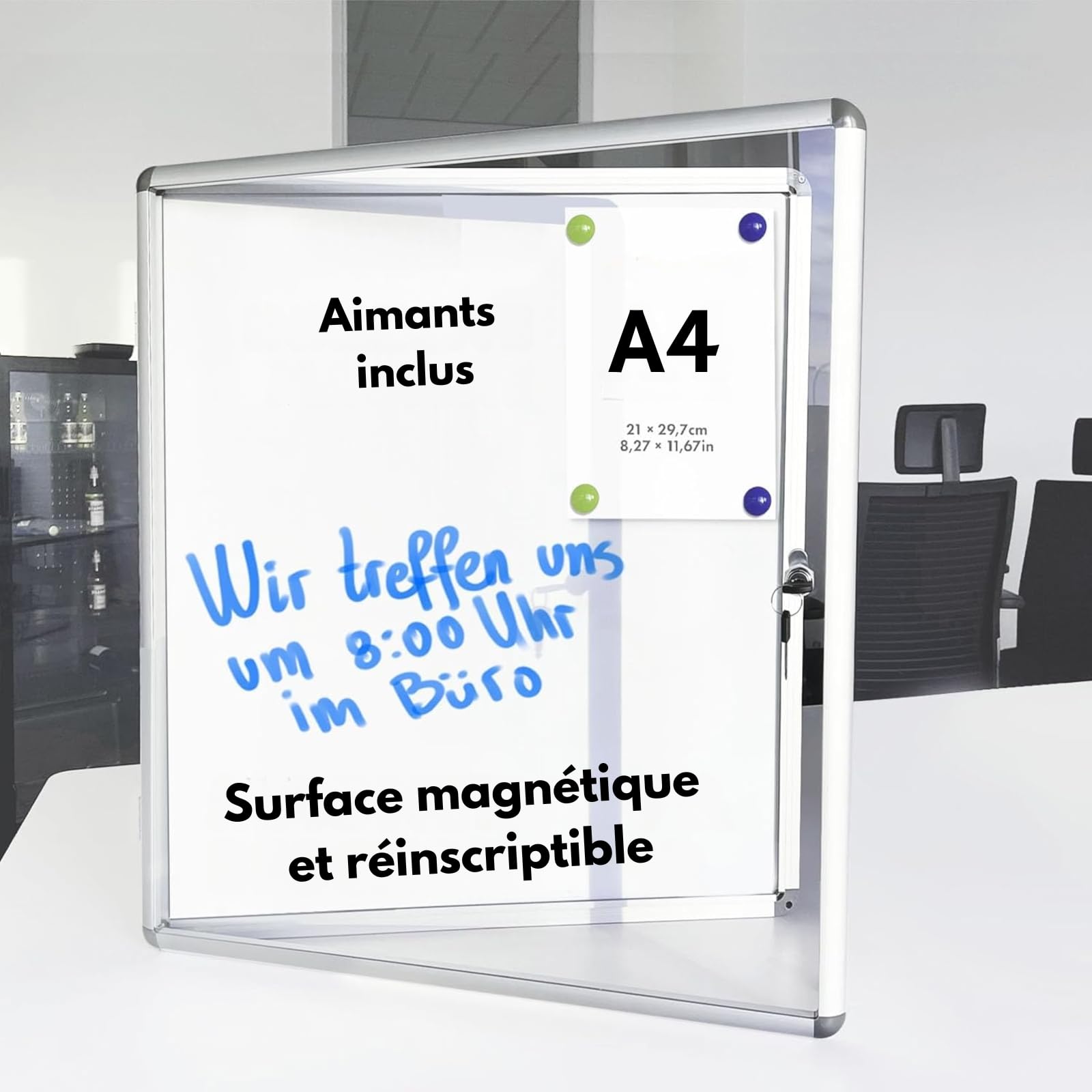 KARAT - Vitrine d'affichage - Enseignes murales en Verre Acrylique - Panneau magnétique - Tableaux d'affichage -Cadres d'affichage avec Serrure - Armoires d'affichage Cadre en Aluminium - Format 6xA4