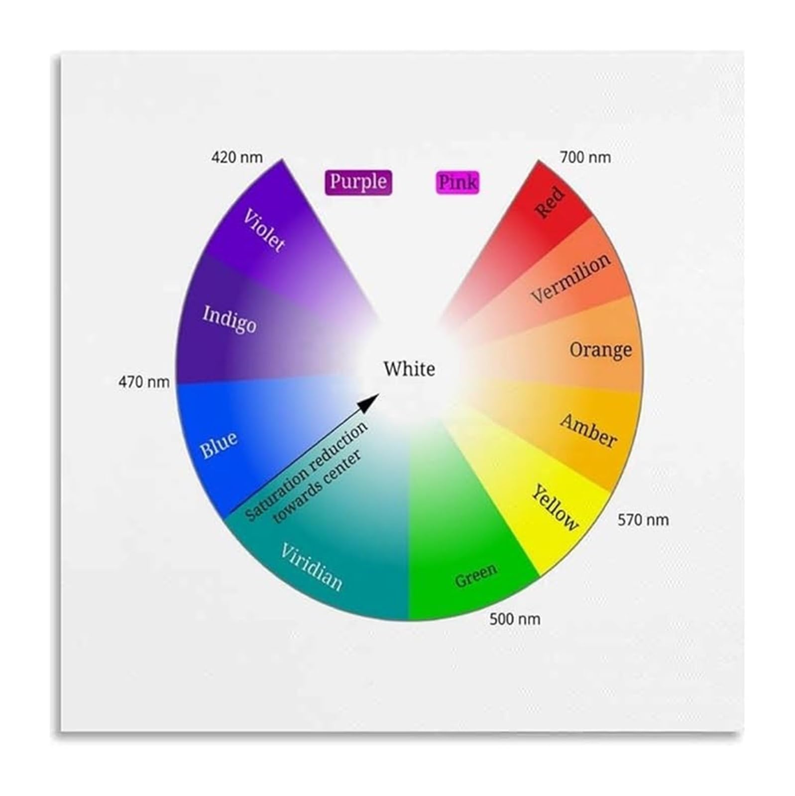 REIUAFWYGV Science Educational Poster Visible Light Spectrum 420-700nm Color Wheel Wavelength Guide for Classroom(Framed,08x12inch(20x30cm))