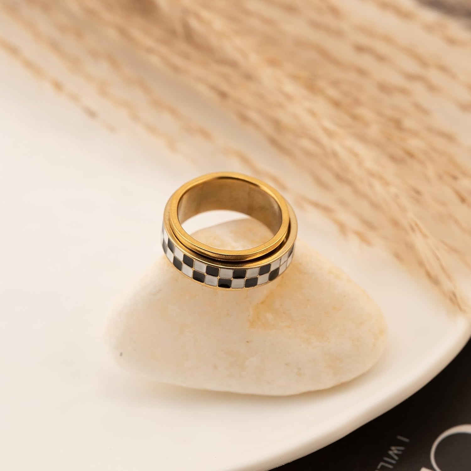 Checkered Fidget Mood Ring for Adults - 18K Gold Plated Stainless steel Rotating Spinner Statement stack mood Rings, Anxiety & Stress Relief Gift for Women/Men (Black and White Pattern) (Size 10) - Image 6