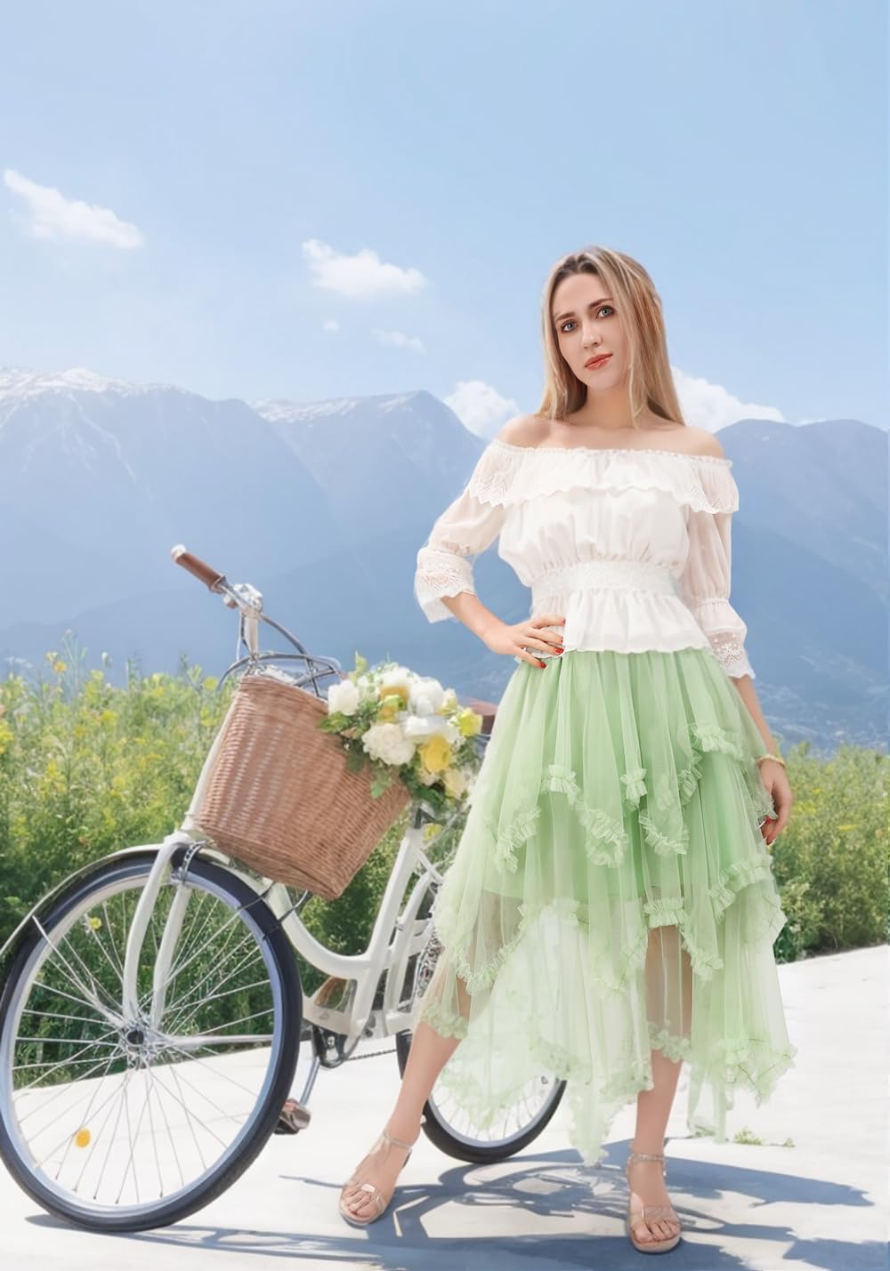 DAZCOS Tulle Skirt for Women High Low Ruffle Elastic Waist Midi Skirt Tutu Fairy Costume for Christmas