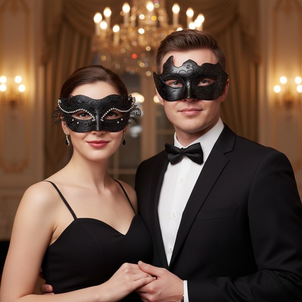 BCARICH Masquerade Masks For Couples, Women Cosplay Mask with Rhinestone and Venetian Style Men Mask for Mardi Gras Halloween