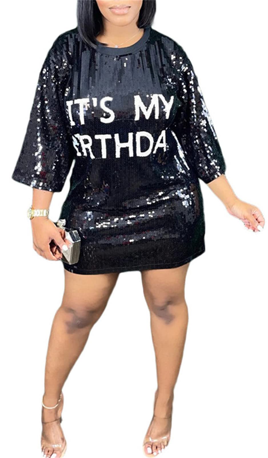 ENOPINK Womens Sequin Glitter Shirt Dress - Sexy Floral Letter Print 3/4 Sleeve Mini Dresses for Party Club