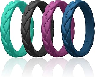 ROQ Silicone Rings for Women Multipack of 4 Womens Silicone Rubber Wedding Rings Bands Flame Leaves - Black, Dark Blue, Argaman Purple, Turquoise Colors - Size 6