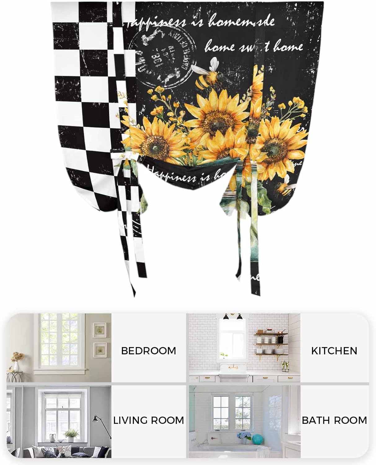 YOKOU Tie Up Curtains, Sunflower Vase Summer Adjustable Rod Pocket Balloon Window Shades for Kitchen Bathroom Bedroom 42 x63 Inch Long Black and White Check Plaid