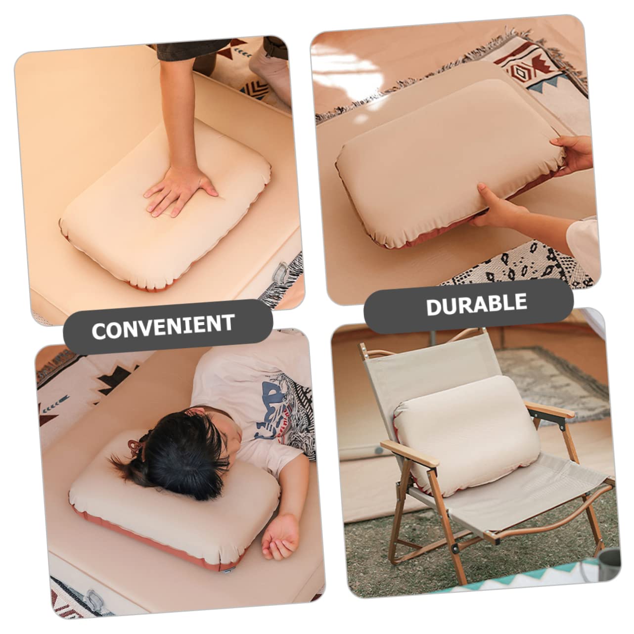 Oreiller de Camping Gonflable, Oreiller de Voyage Ergonomique, Hauteur Réglable, pour Camping et Maison, Mousse et Pongé Polyester, Beige