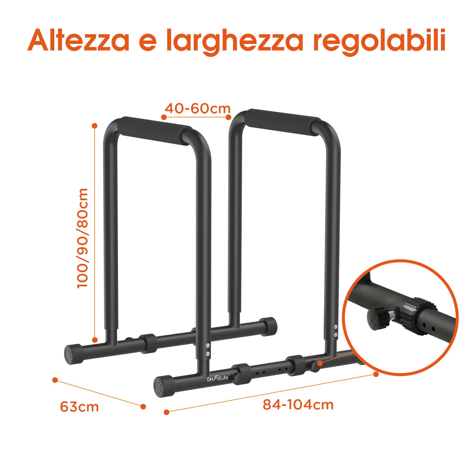 DH FitLife - Dip Parallele Calisthenics Robuste, Stabili e Versatili per Allenamento a Casa | Dip Station Regolabile in Tre Altezze (80/90/100 cm), Ideale per Parallele Dip, Push Up e Sviluppo Forza