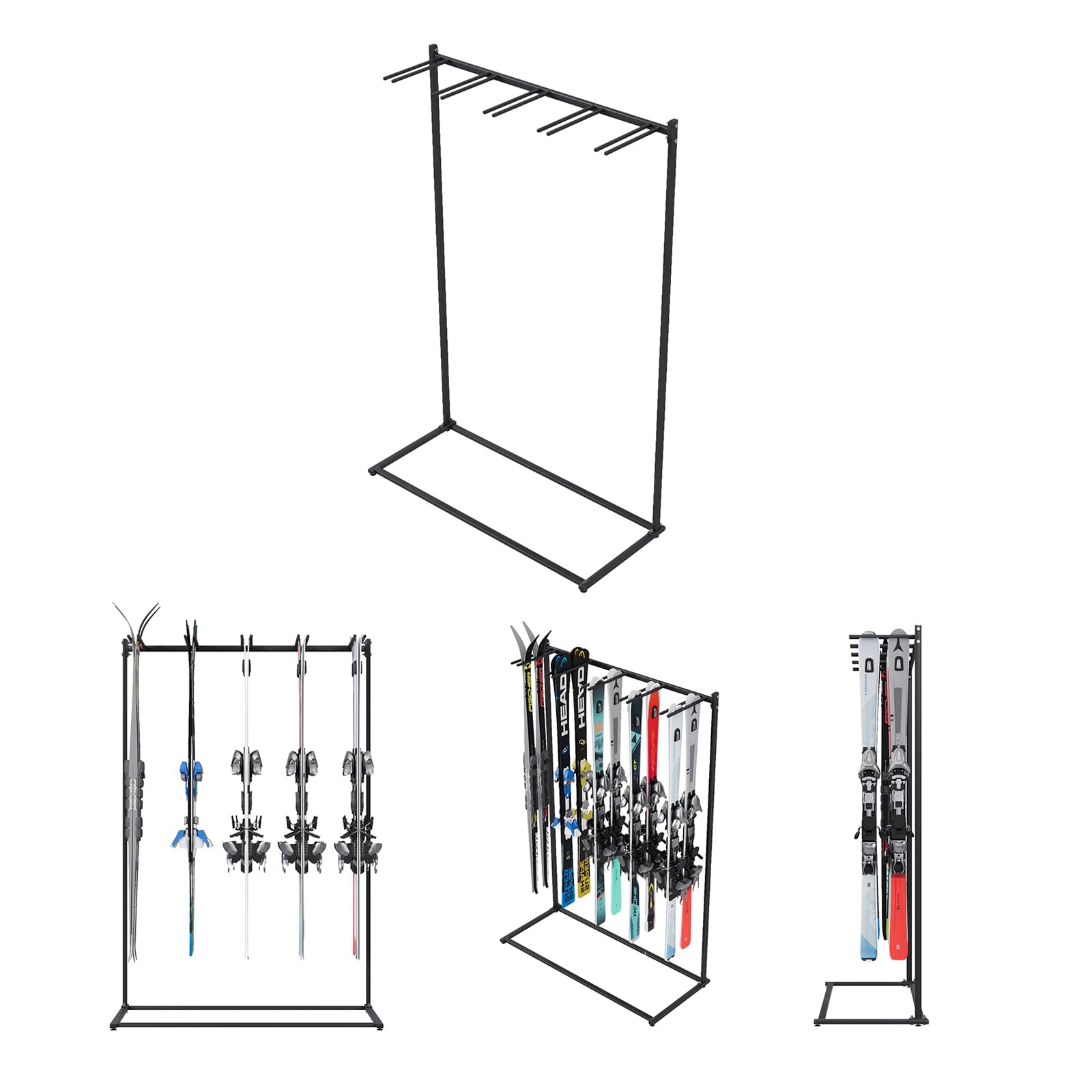 QLS Portasci da Terra per 10 Paia 175 cm Acciaio Nero | Struttura verniciata con supporti gommati, 117 x 50 x 175 cm, per garage, cantina o noleggio sci