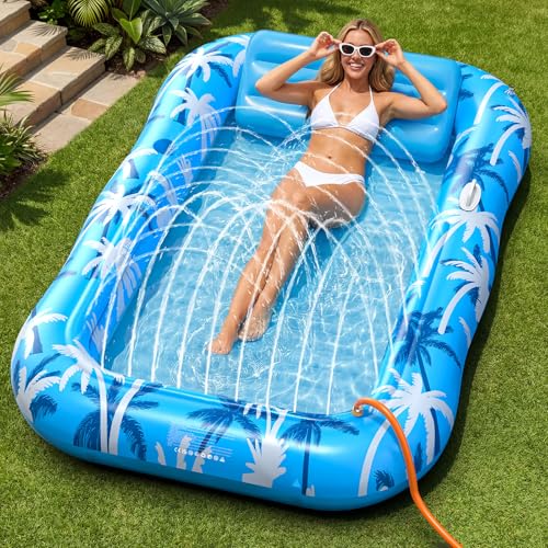 Inflatable Tanning Pool Lounger Float with Sprinkler, X-Large Pool Floats with Auto Spray Cooling, 6 in 1 Sunbathing Lounge Floatie Raft Toys, Blow Up Pool Tanning Bed for Adults Kids Gifts