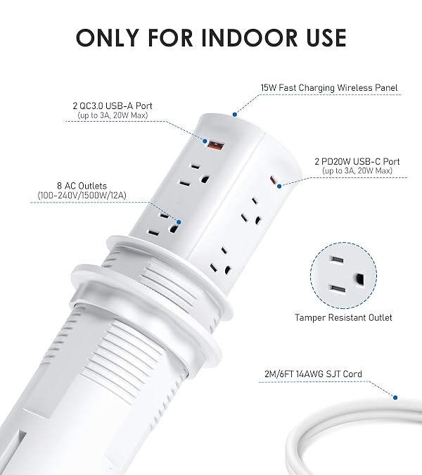 ANNQUAN 3" Pop Up Countertop Receptacle with 4 USB Ports 15W Wireless Charger,Max 20W Power Delivery Pop Up Outlet for Home Office Kitchen (ETL Listed) by ANNQUAN - Image 7