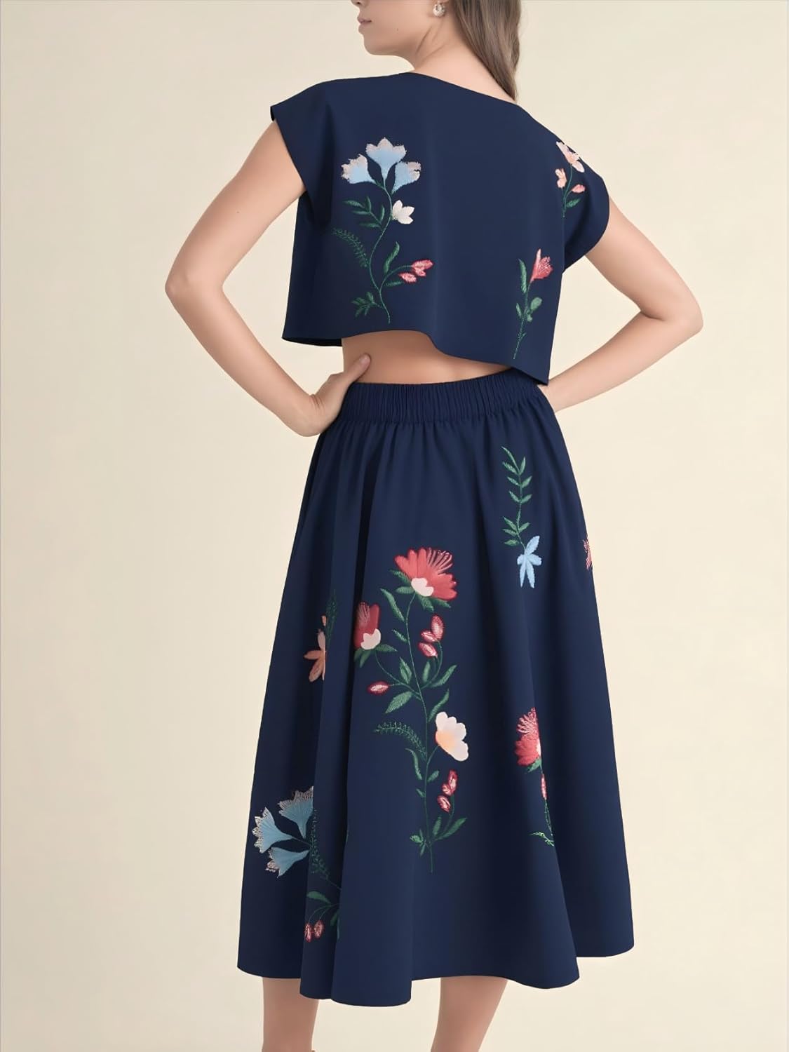 Women Floral Embroidery Dress Sleeveless 2 Piece Tank Top and Skirt Loose Fit Boho Dress - Image 2