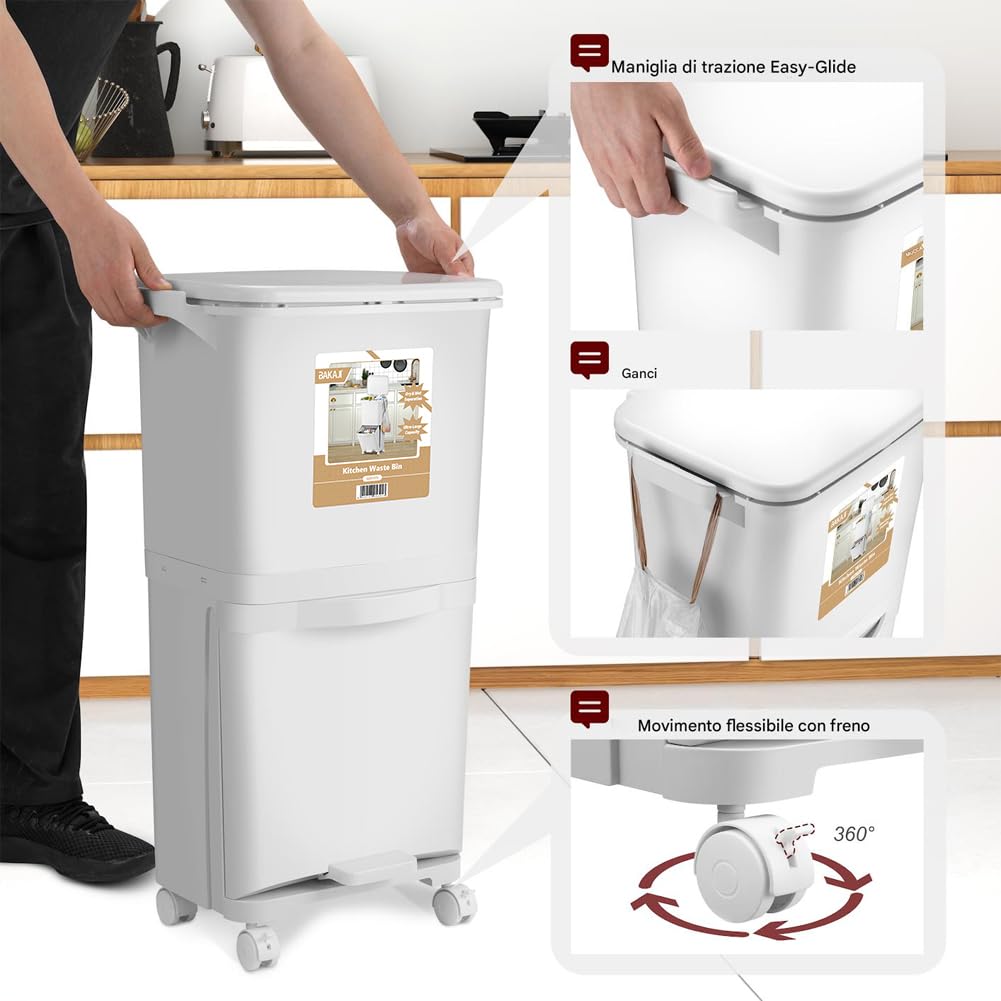 BAKAJI Cubo de basura de cocina con capacidad de 38 litros, doble cubo que ahorra espacio para separación de basura, basura para recogida diferenciada, 1 cajón abatible, 42 x 28,5 x 73 cm (38 litros)