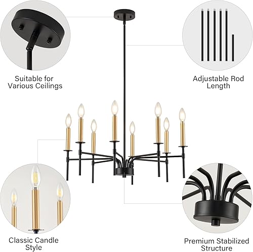 Miniatura 8 de ONESMING Candelabro moderno de granja negro y dorado, accesorios de iluminación de comedor sobre mesa, candelabros grandes de techo colgantes altos