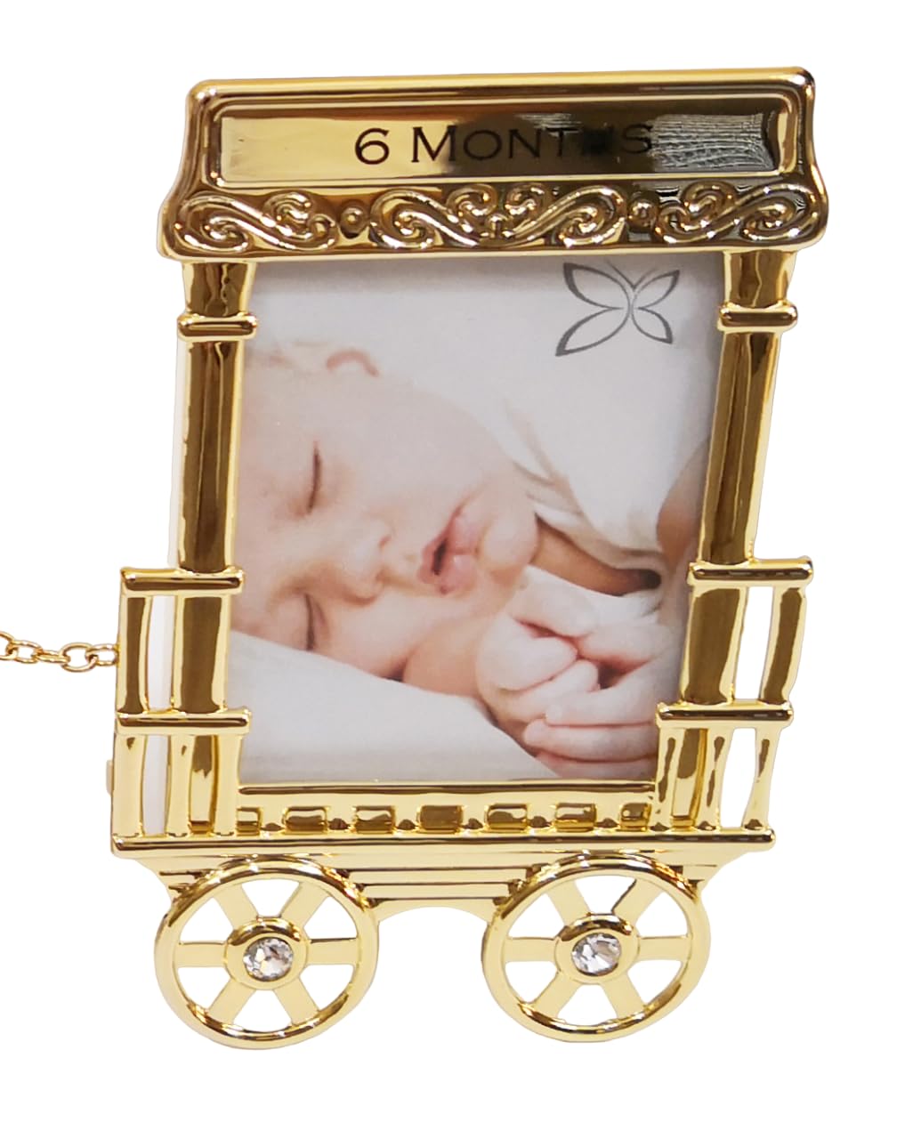 CORNICE PORTAFOTO Trenino con 2 vagoni GOLD con scritta NEW BORN - 3 e 6 MONTHS - CRYSTOCRAFT BOMBONIERE Nascita Battesimo Bimbo Bimba
