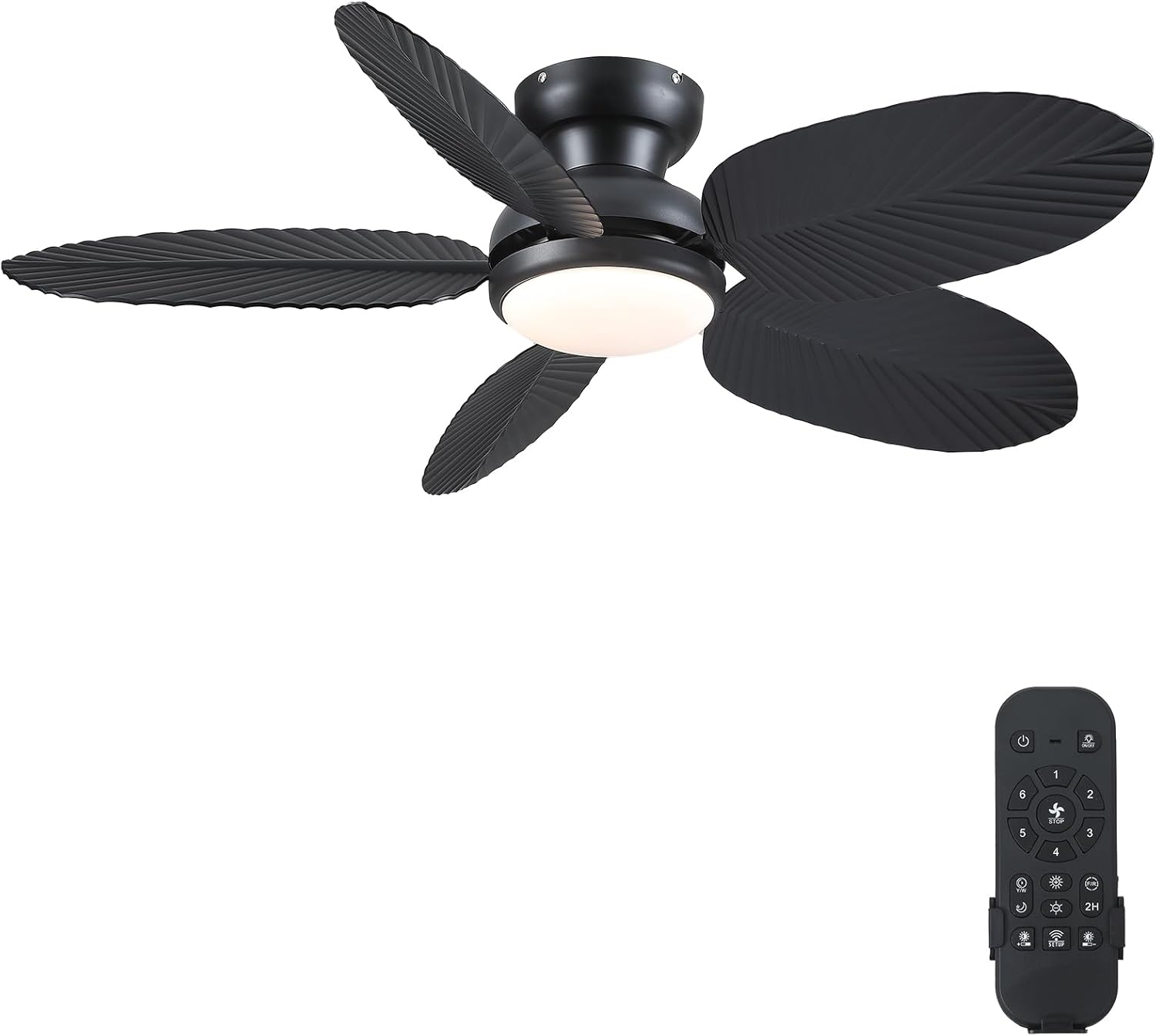 (No remote control) Ceiling Fans with Lights and Remote/APP Control, 45 Inch Low Profile Tropical Ceiling Fan for Living Room Bedroom, Outdoor Flush Mount Palm Leaf Ceiling Fan for Patios Porch, Black 45 Inch Brown