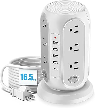 Power Strip Tower, Charging Tower for Multiple Devices, 16.5FT Surge Protector Tower with 12 AC Outlets 5 USB Ports 1 USB C Overload Protection for Home Kitchen Dorm Office Desk white-16.5ft