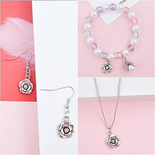 Miniatura 5 de BronaGrand 60 dijes de flores de plata antigua, aleación tibetana, vintage, colgantes, collar, pulsera, dijes para regalos de Navidad y San Valentín