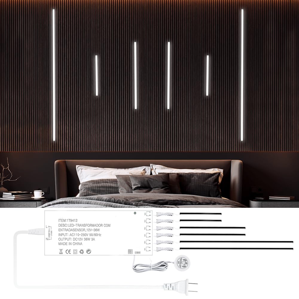 LED Recessed Lighting Kit,6 Pack Self-Adhesive COB LED Light Bar, Cold White 6000K, with Touching Switch, for Wood Slat Wall Panels,Headboards,Home Decor. Black Chanenl,2Pcs(16in+24in+40in)