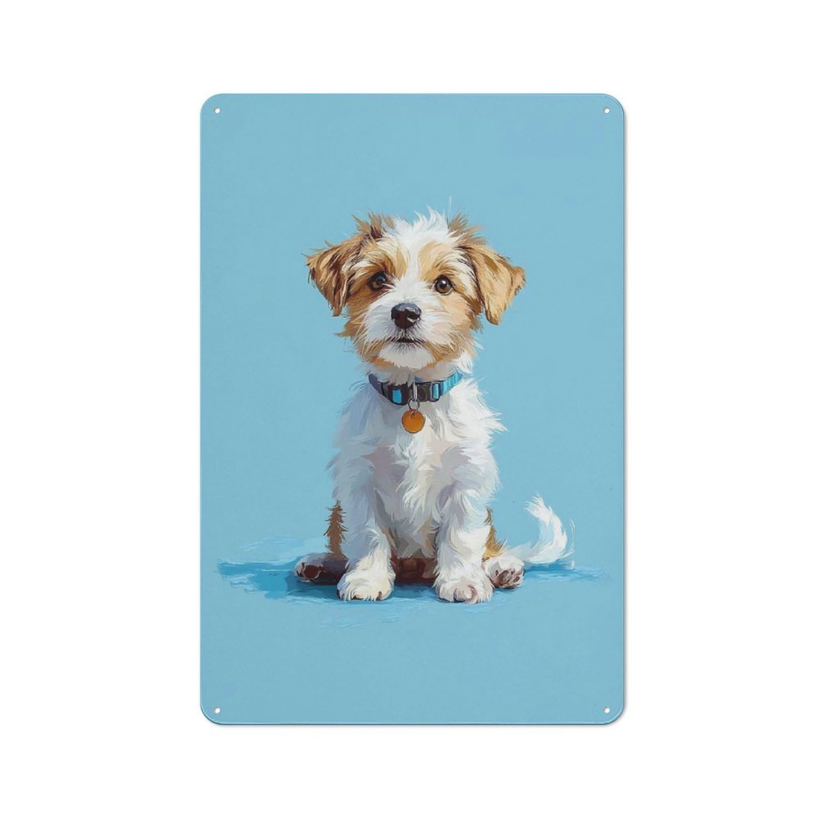 Junmoney Style-21 Metal Wall Sign 30X20cm Featuring Cute Puppy Portrait On Blue Background For Hallway Wall, For Hallway Decor Lovers, For Retro Home Interiors
