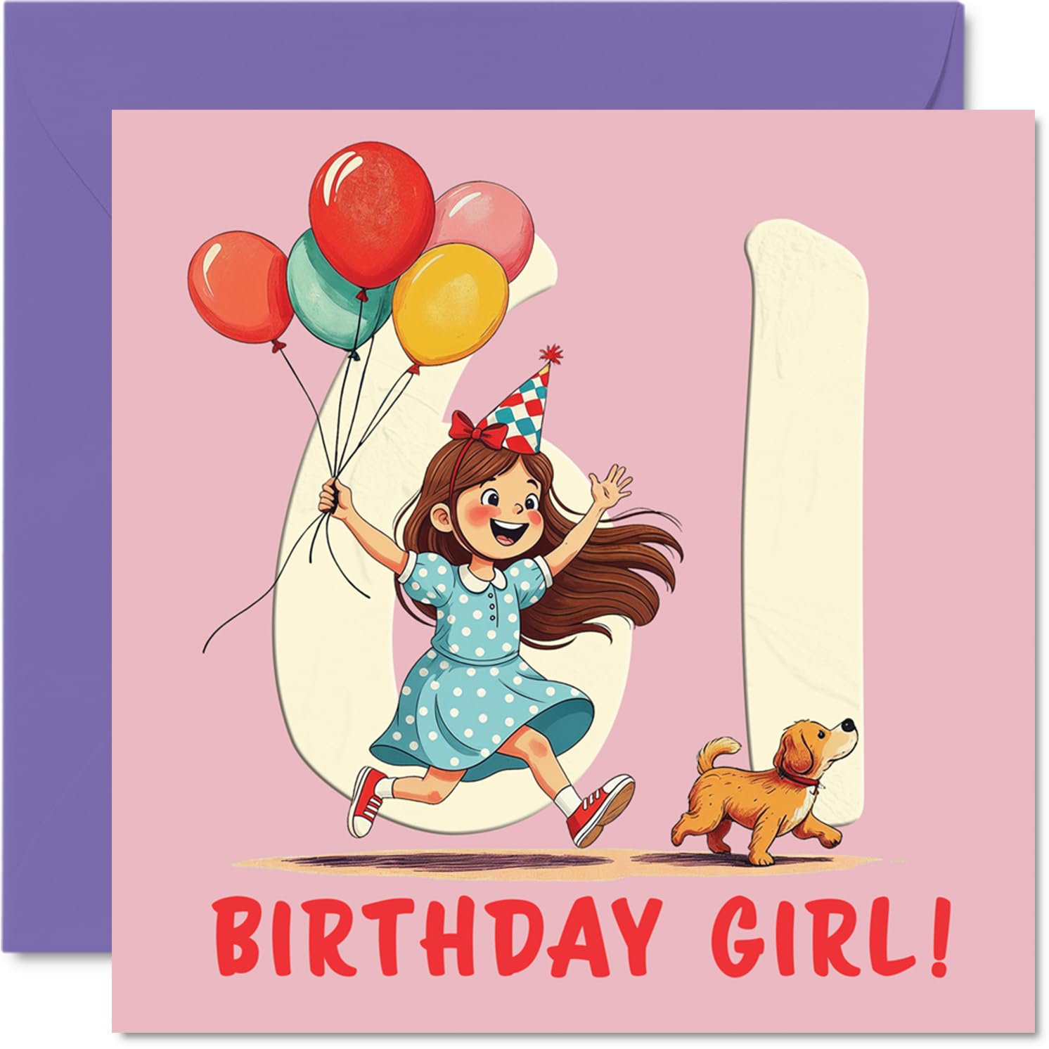 61st Birthday Cards for Women - Balloon Girl - Happy Birthday Card for 61 Year Old Woman Grandma Nan Neighbour Auntie, 145mm Bday Greeting Cards