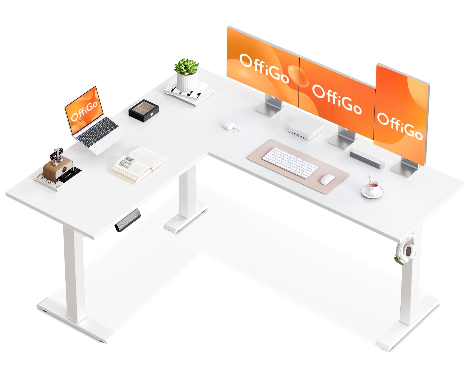 OffiGo Corner Desk, 160x120cm Electric Standing Desk with 3 Memory Smart Panels, Reversible L Shaped Rising Table, Height Adjustable Table for Home Office Workstation, White