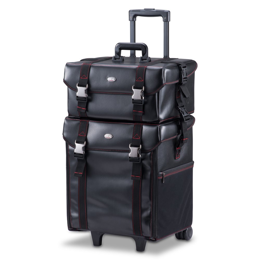 Professional Makeup Artist 2 in 1 Rolling Makeup Train Case Cosmetic Organizer Soft Trolley w/Storage Drawers & Metal Buckles (Black Faux Leather)