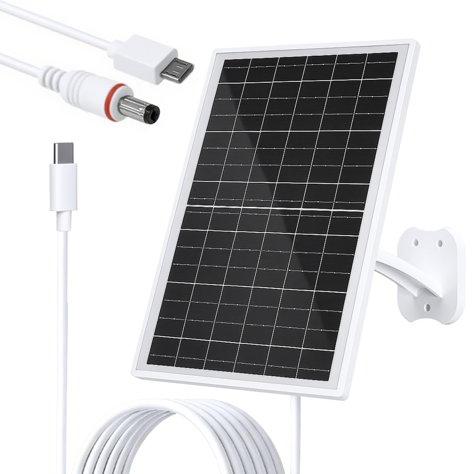 FUTUREZEN Panel solar de 13 W para cámaras de seguridad y cámaras de sendero, USB-C, micro USB y salida CC de 5,5 x 2,1 mm, impermeable IP66, montaje ajustable de 360°, cable de 7.2 pies