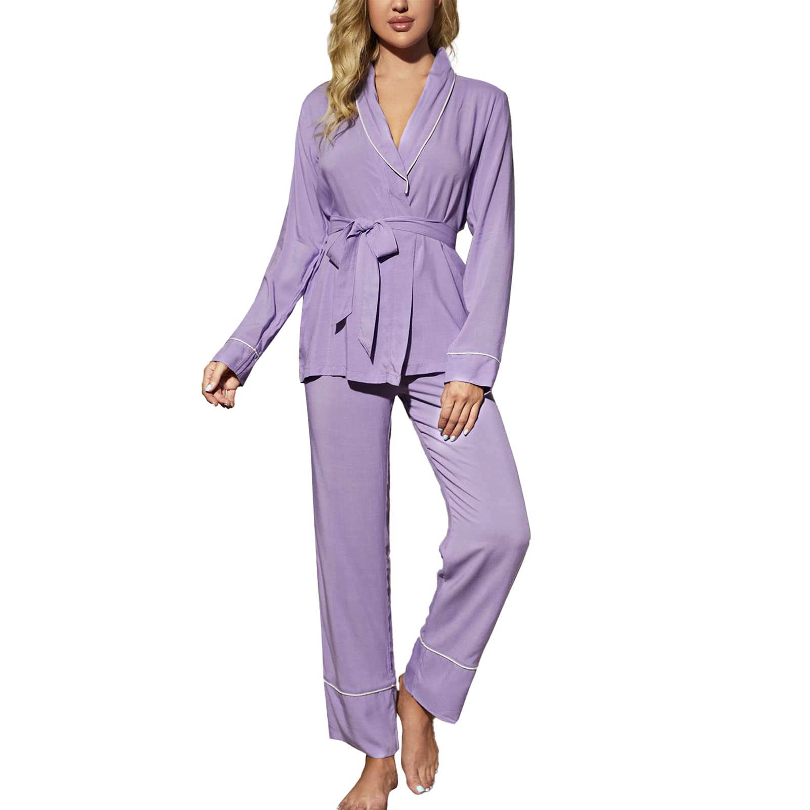 Pijamas de 2 Piezas de Manga Larga Ropa de Dormir Suave PJ Loungewear Bata Conjuntos camisón con Pantalones de Pijama