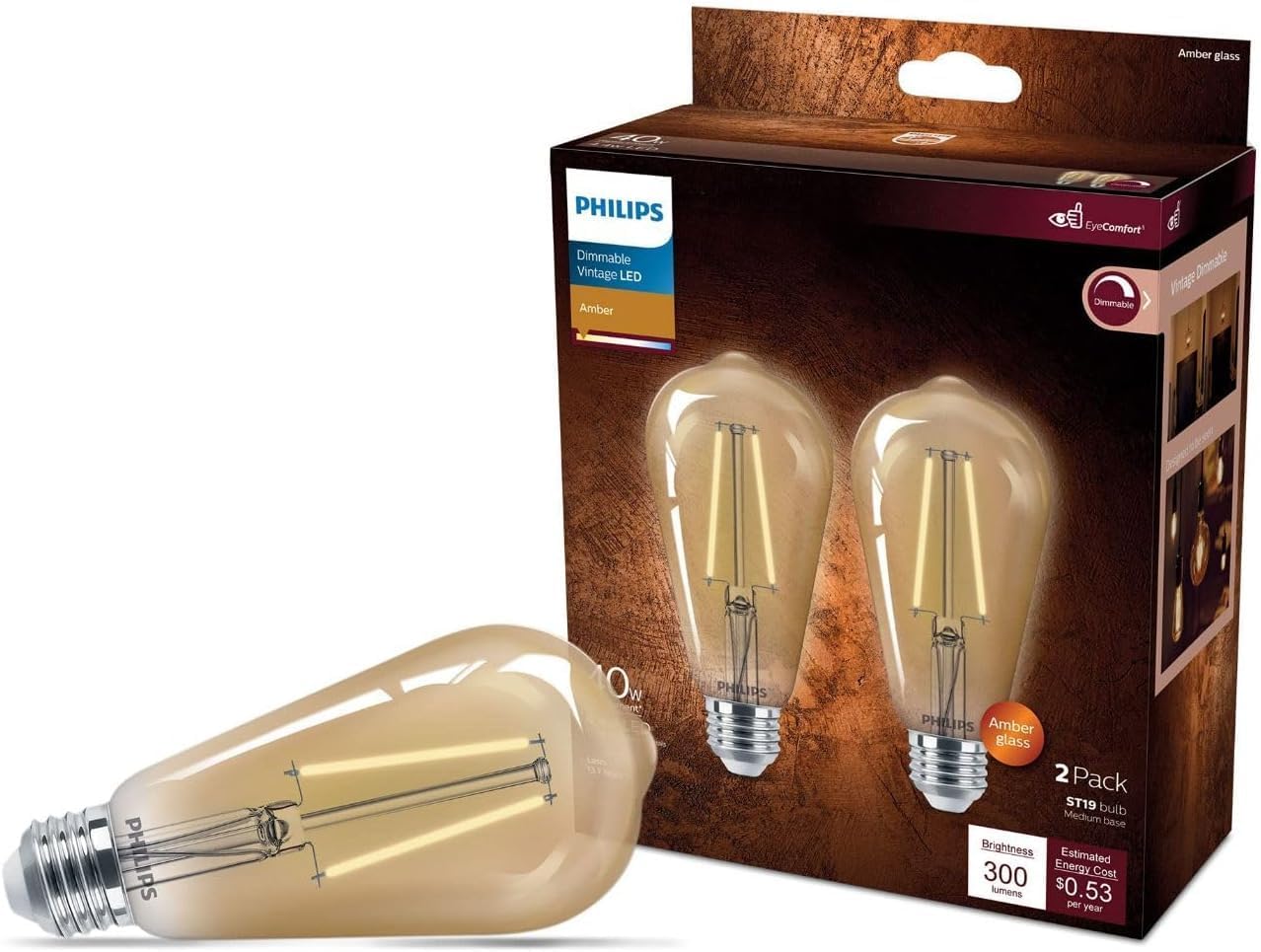 LED 75W ST19 2-Pack Vintage Edison Amber (2000K) 700 Lumen (8.8W = 75W) Dimmable Flicker-Free Light Bulbs