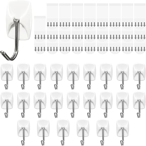 Ganchos pequeños de alambre para pared, 24 ganchos + 26 tiras adhesivas, ganchos de pared colgantes sin daños con tiras adhesivas, ganchos adhesivos