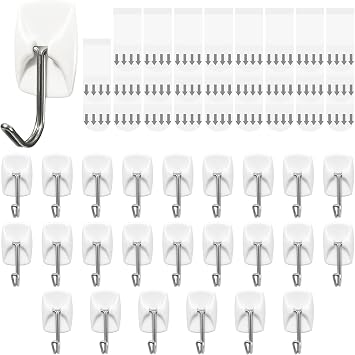 Small Wire Hooks for Wall 24 Hooks + 26 Adhesive Strips,Damage Free Hanging Wall Hooks with Adhesive Strips,No Tools Adhesive Hooks for Key Holder,Christmas Decorations Holds up to 0.5 lb